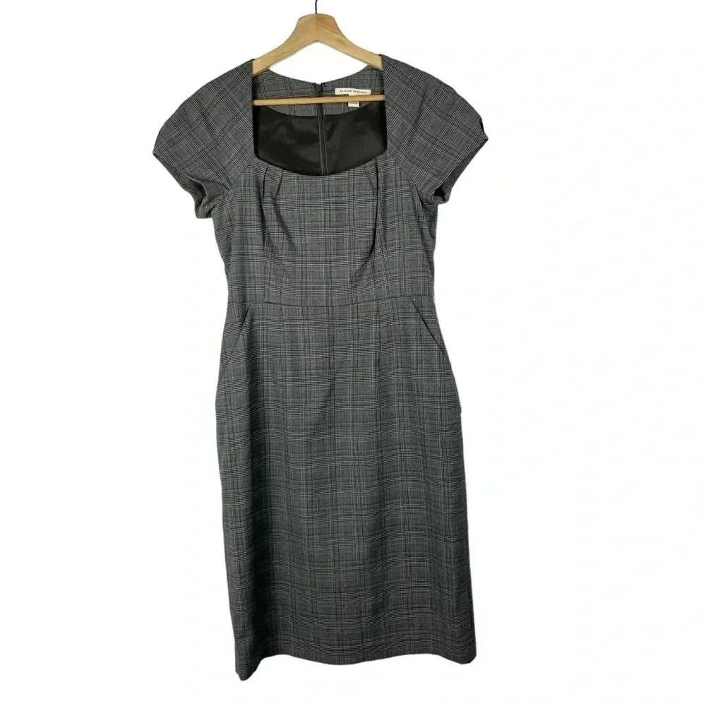 Banana Republic Gray Plaid Short Sleeve Knee Length Pencil Sheath Dress 6